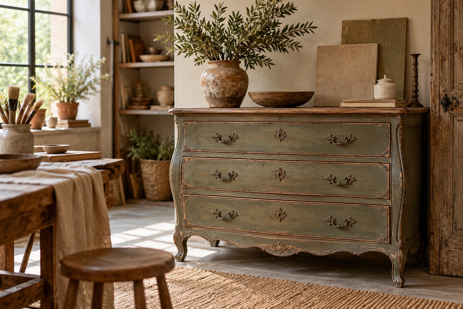 Meuble ancien et matières de décoration dans un intérieur lumineux.