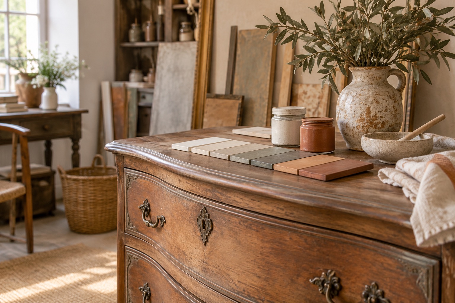 Meuble ancien et matières de décoration dans un intérieur lumineux.
