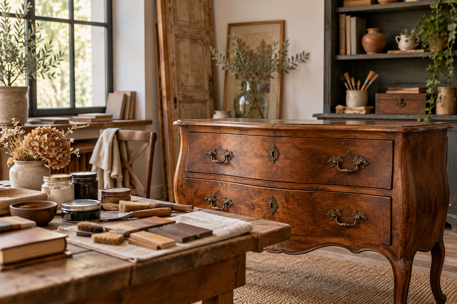 Meuble ancien et matières de décoration dans un intérieur lumineux.