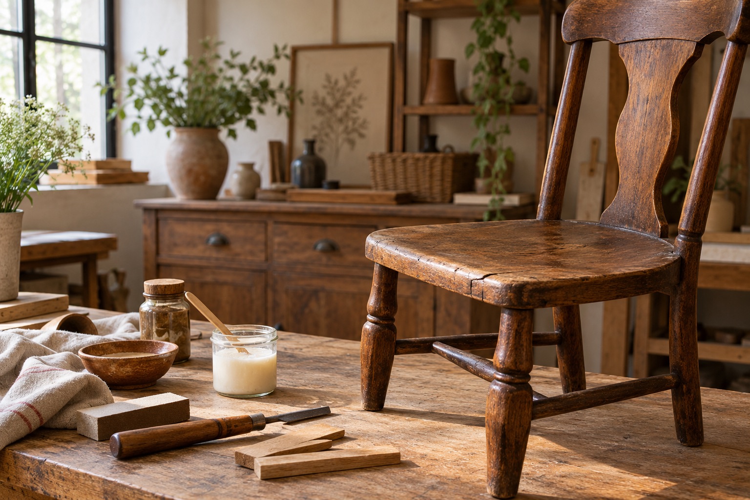 Siège ancien dans un atelier, avec bois et garnitures visibles.