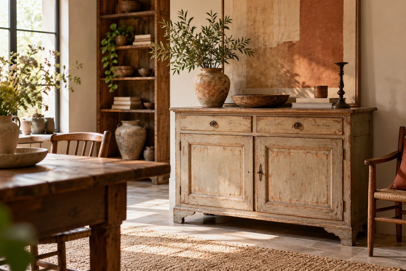 Meuble ancien et matières de décoration dans un intérieur lumineux.