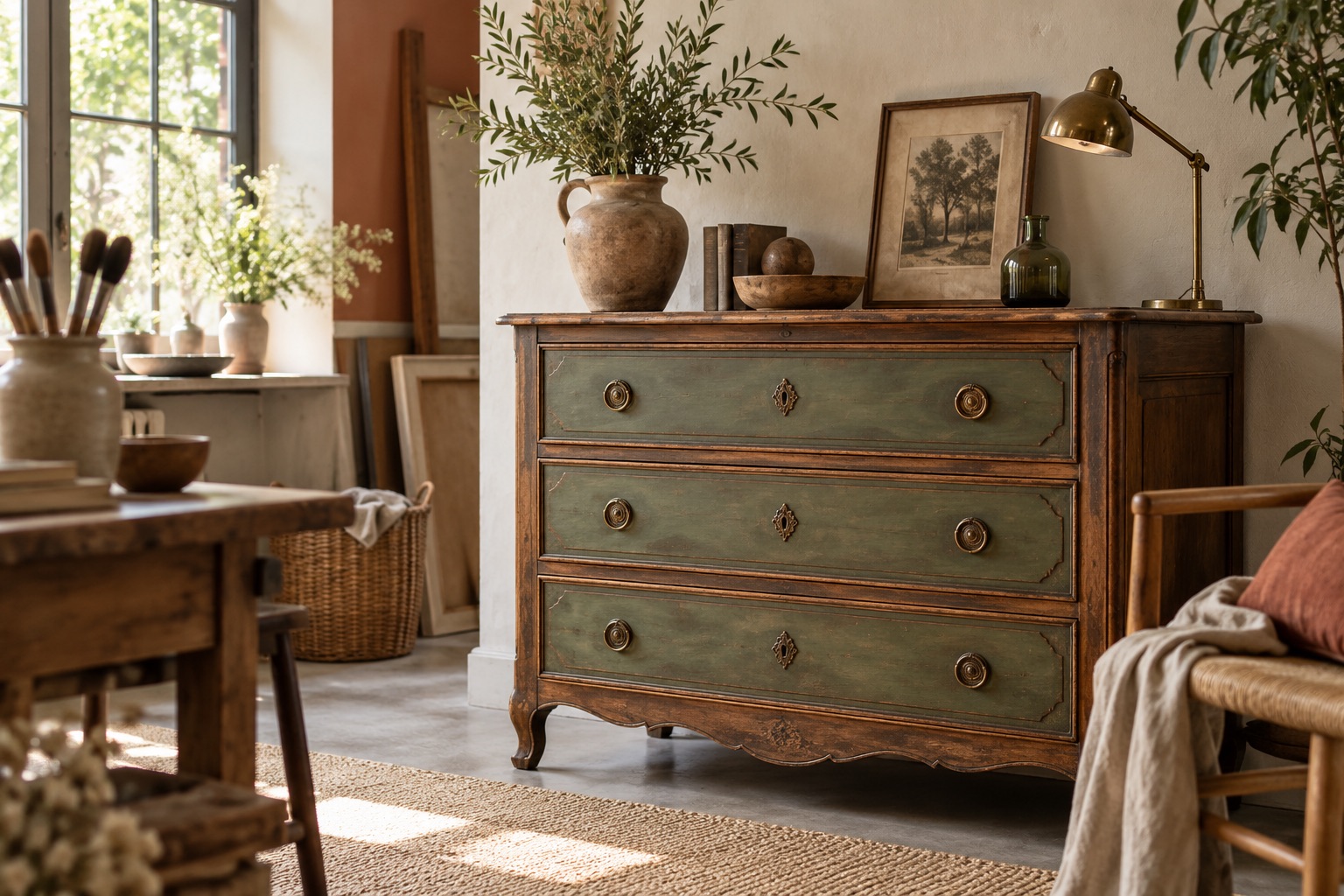 Meuble ancien et matières de décoration dans un intérieur lumineux.