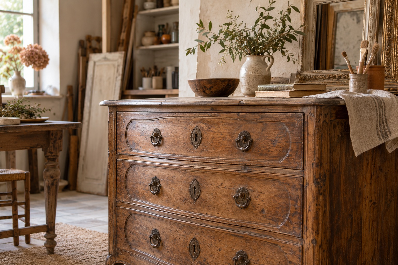 Meuble ancien et matières de décoration dans un intérieur lumineux.