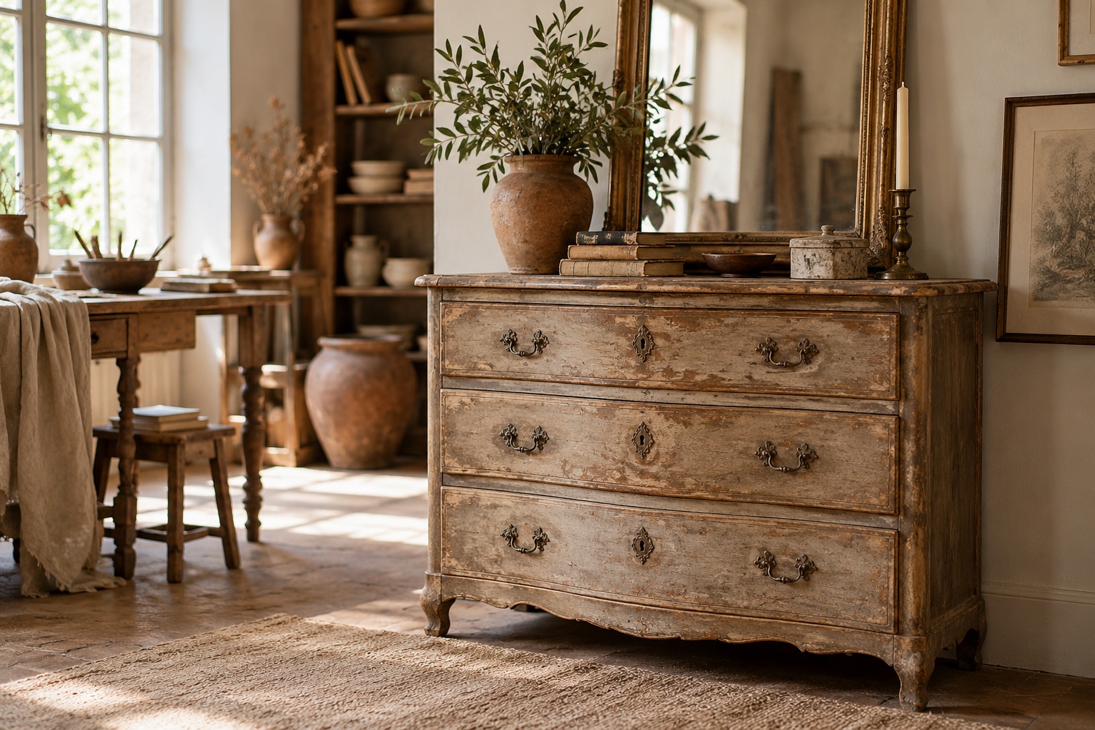 Meuble ancien et matières de décoration dans un intérieur lumineux.