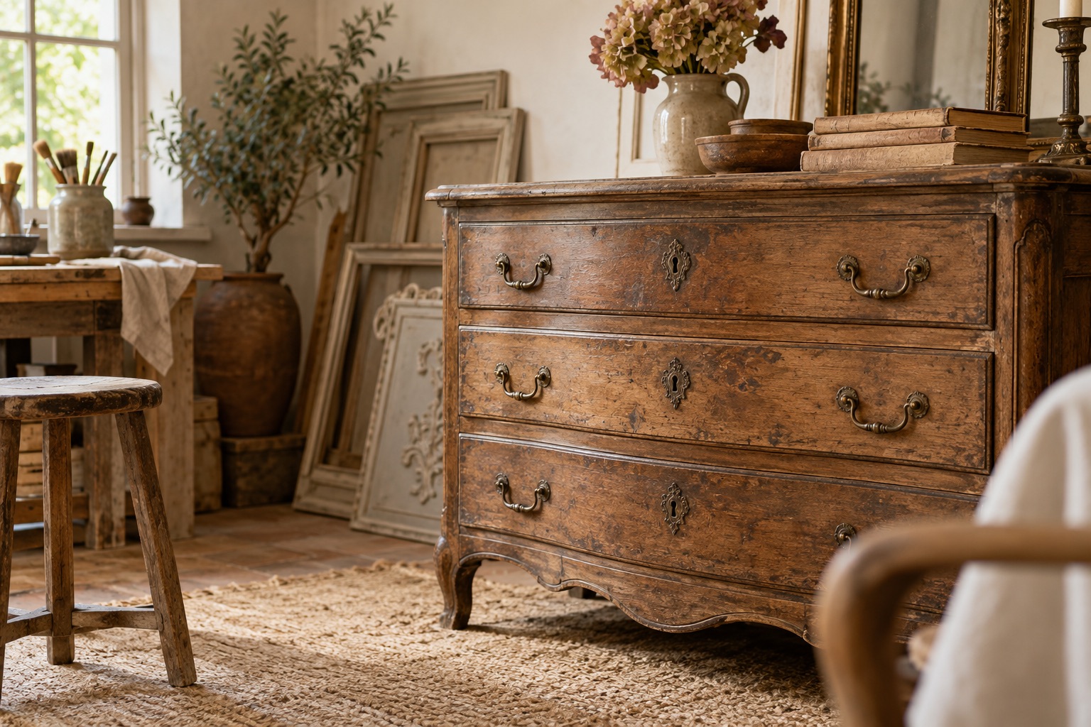 Meuble ancien et matières de décoration dans un intérieur lumineux.