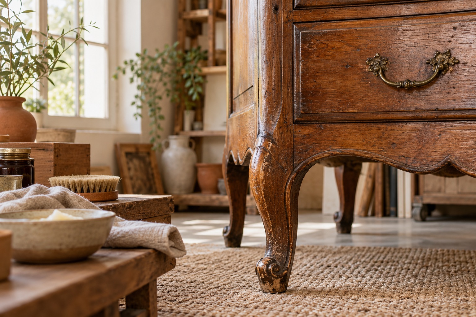 Meuble ancien et matières de décoration dans un intérieur lumineux.
