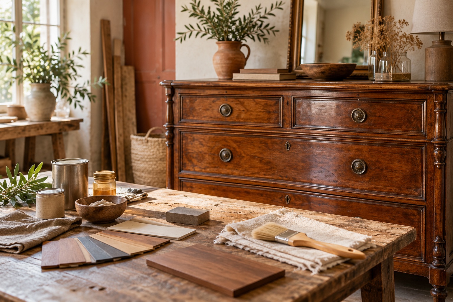 Meuble ancien et matières de décoration dans un intérieur lumineux.