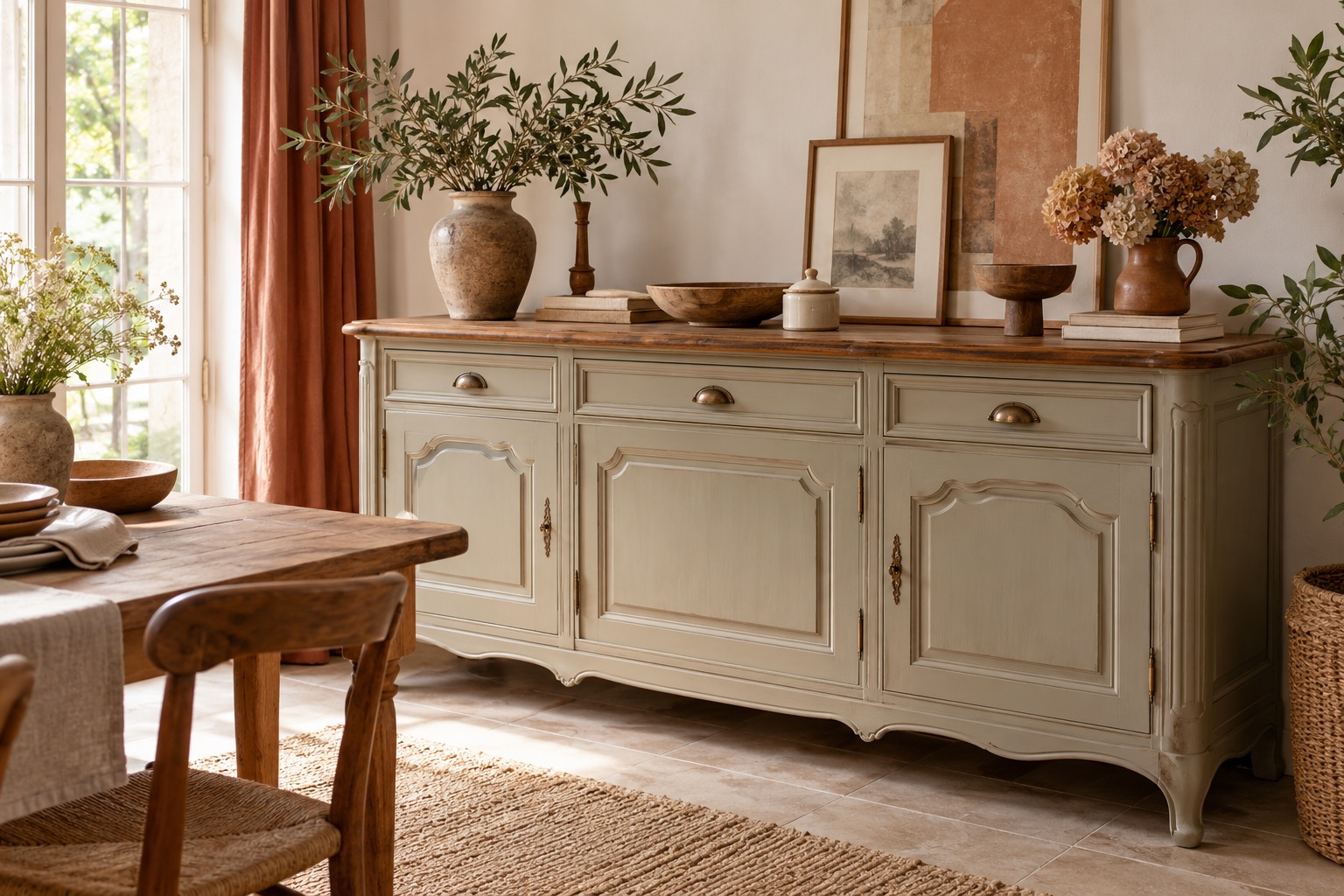 Meuble ancien et matières de décoration dans un intérieur lumineux.