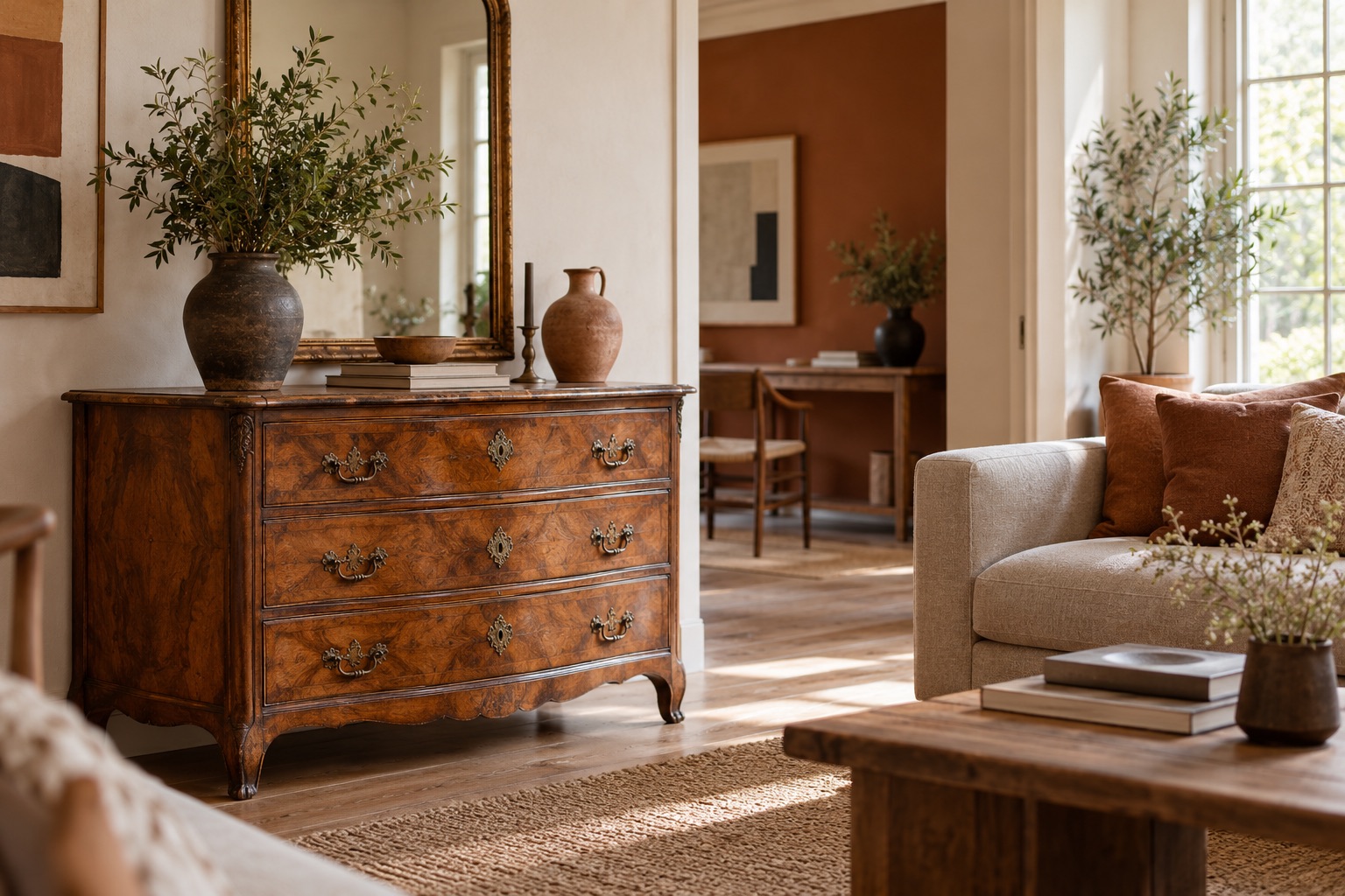 Meuble ancien et matières de décoration dans un intérieur lumineux.