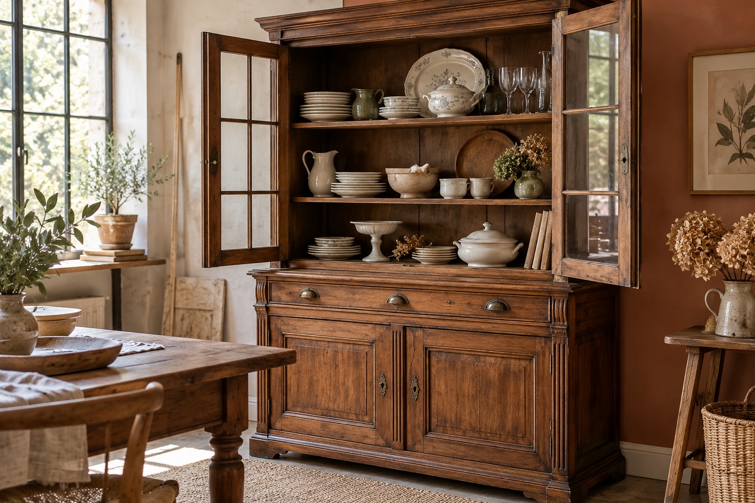 Meuble ancien et matières de décoration dans un intérieur lumineux.