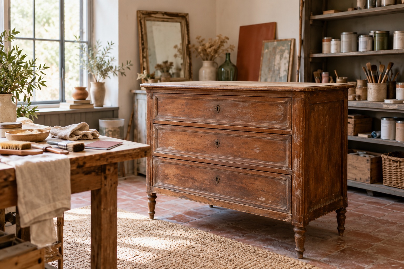 Meuble ancien et matières de décoration dans un intérieur lumineux.
