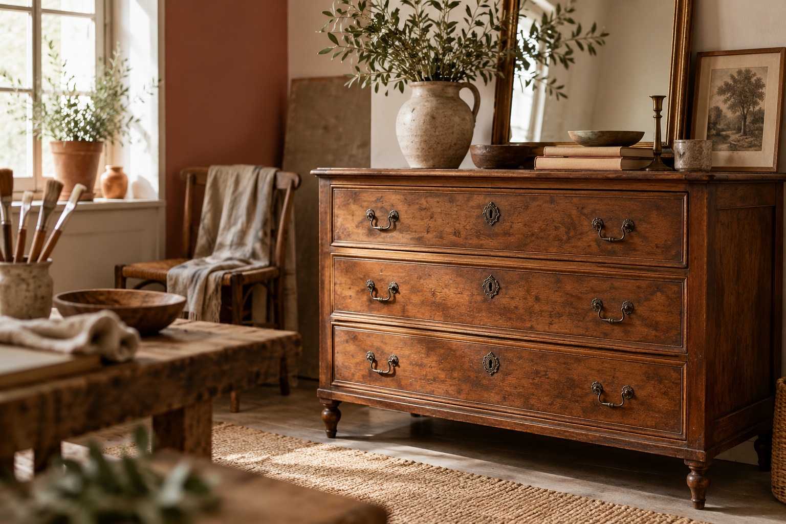 Meuble ancien et matières de décoration dans un intérieur lumineux.