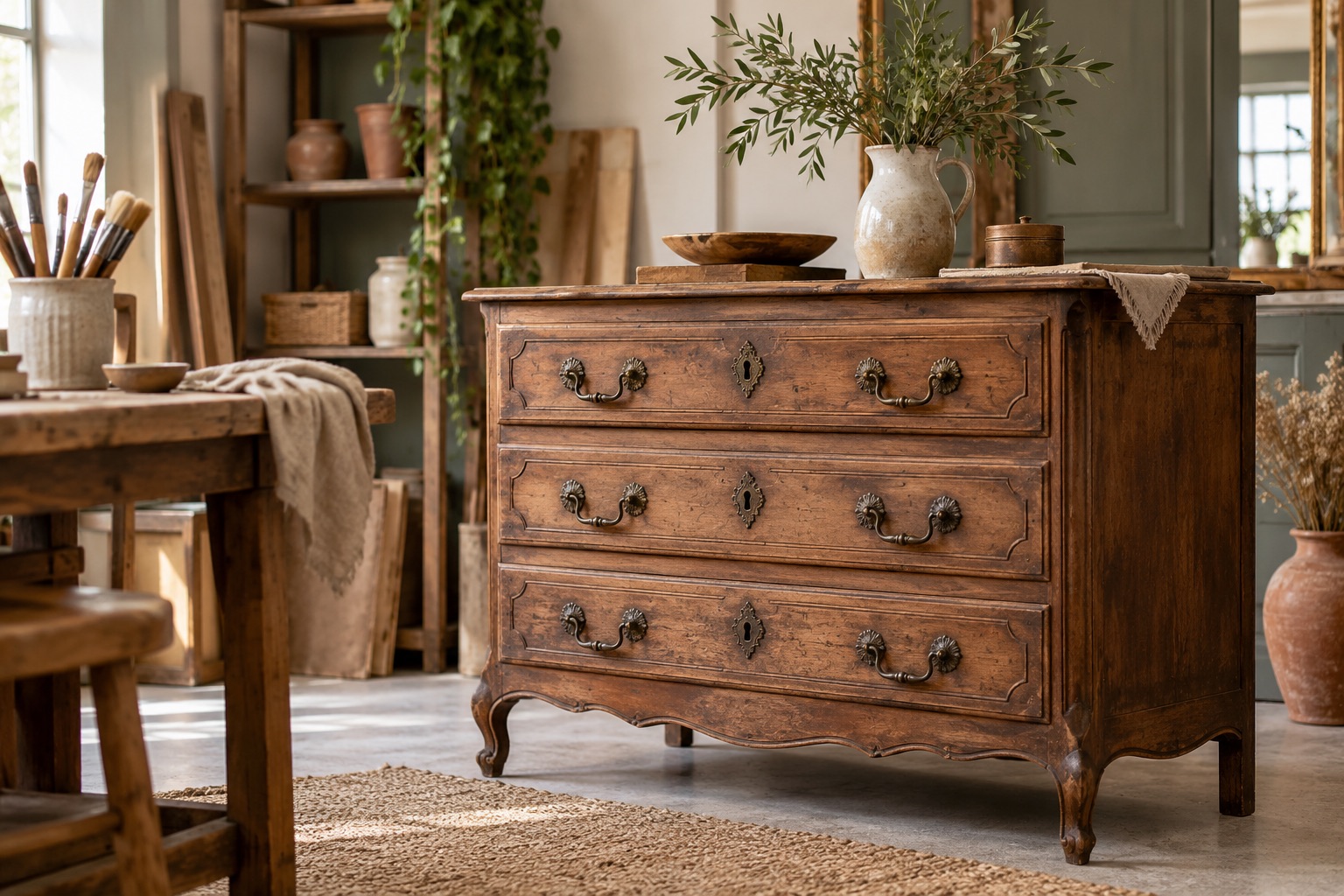 Meuble ancien et matières de décoration dans un intérieur lumineux.
