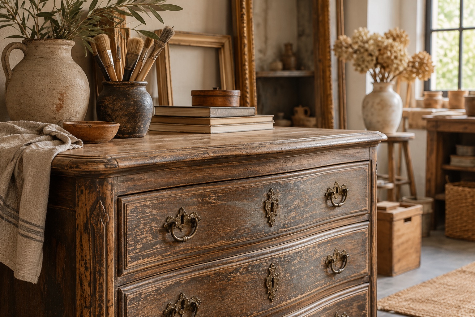 Meuble ancien et matières de décoration dans un intérieur lumineux.